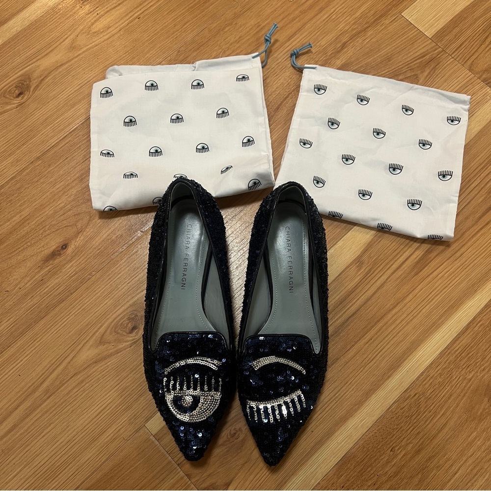 Chiara Ferragni Eye Sequin Flats Size 38 Resoled w/ Dust Bags